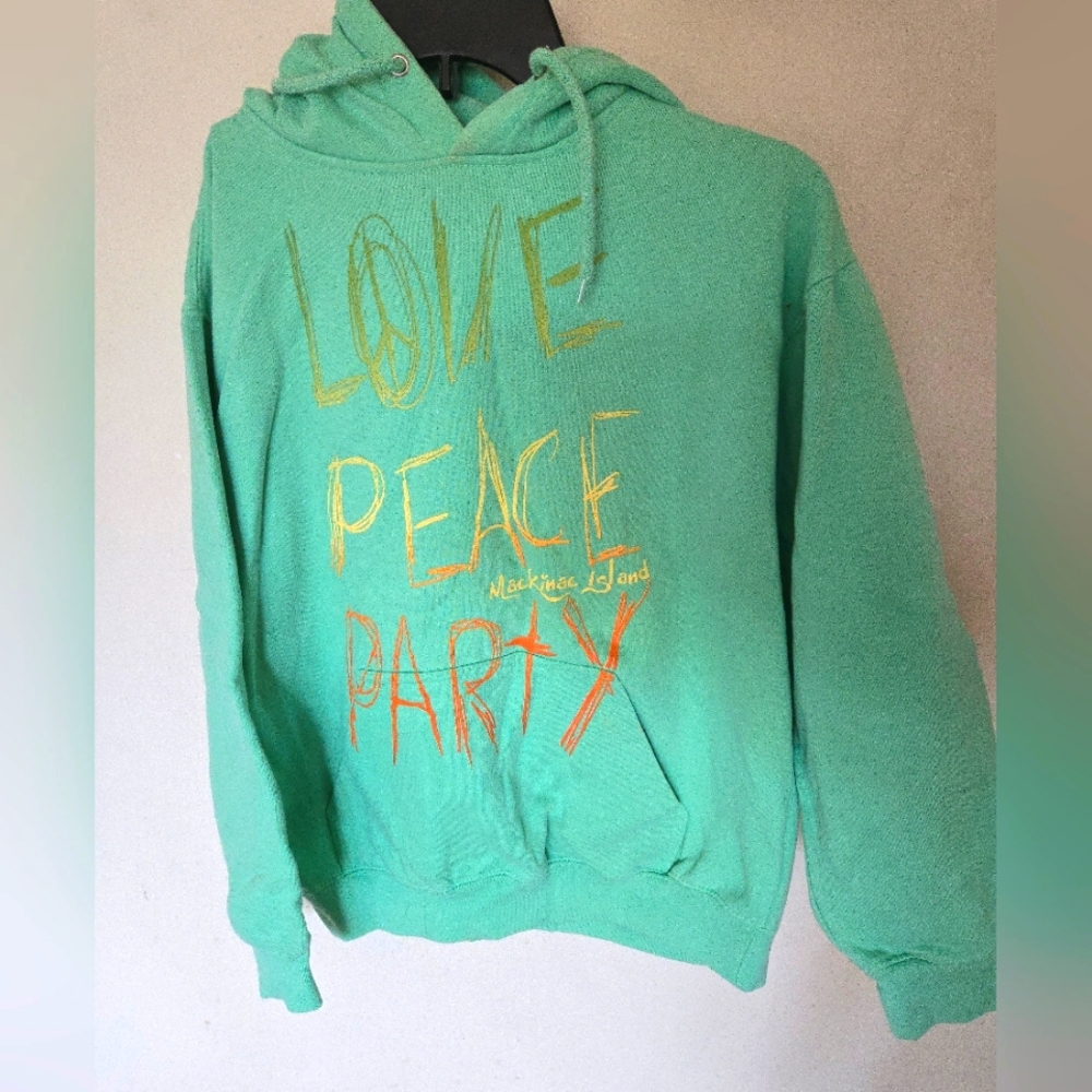 Mint Green Mackinac Island Hoodie with Love Peace Party Print- small